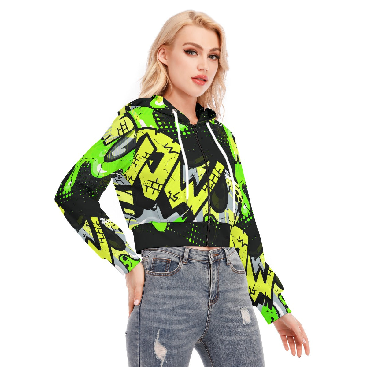 All-Over Print Women's Crop Top Hoodie With Zipper Closure