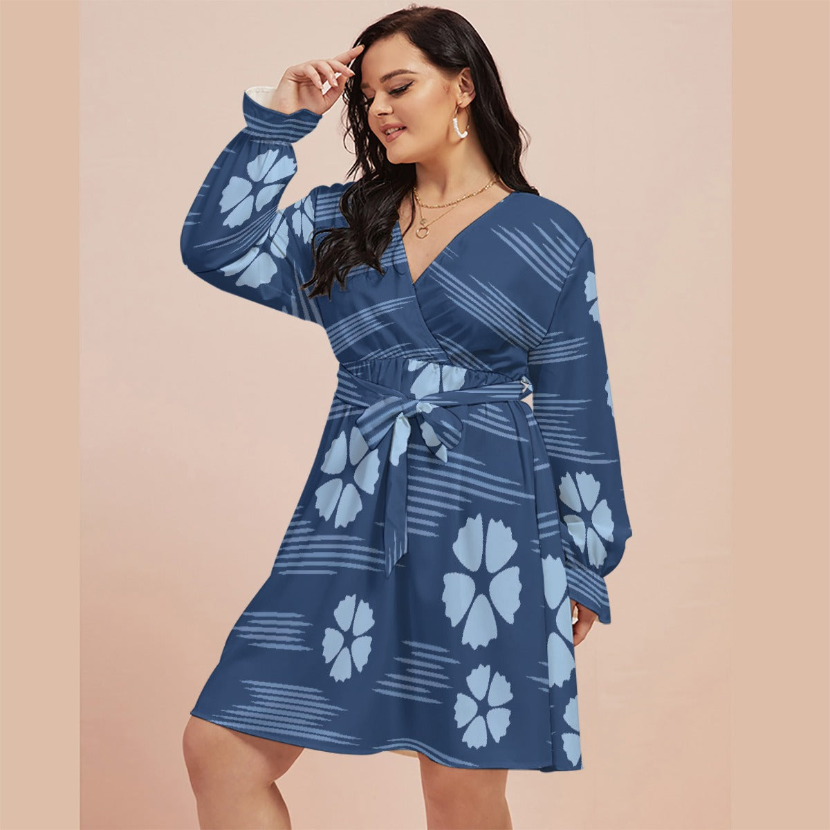 All-Over Print Women's V-neck Dress With Waistband(Plus Size)