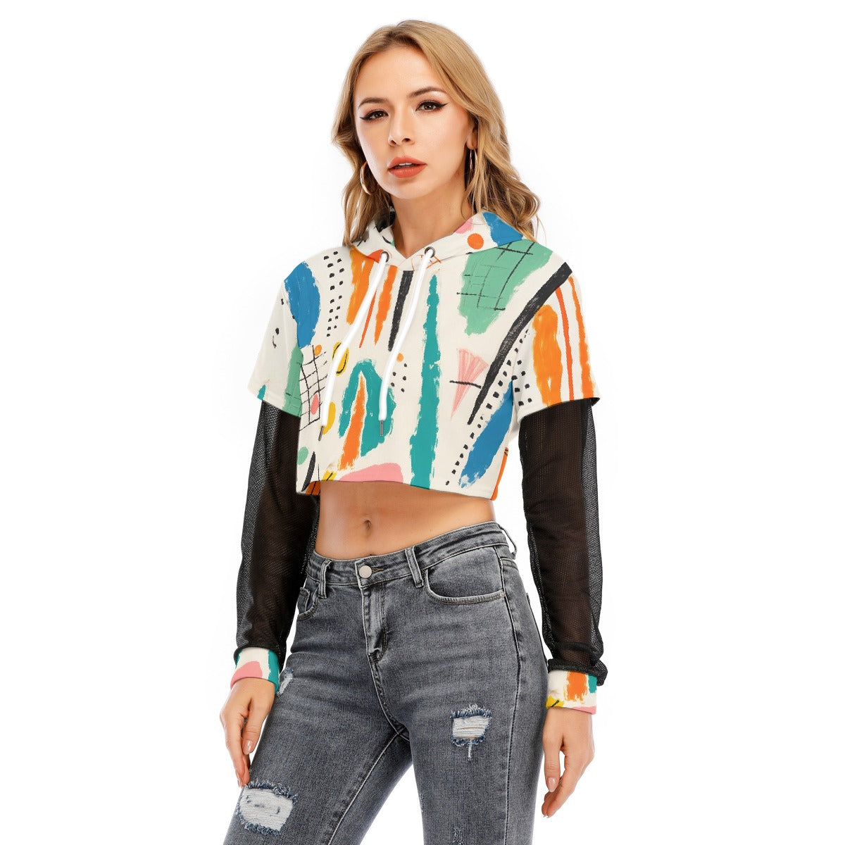 All-Over Print Women's Fake Two-piece Mesh Sleeve Cropped Hoodie
