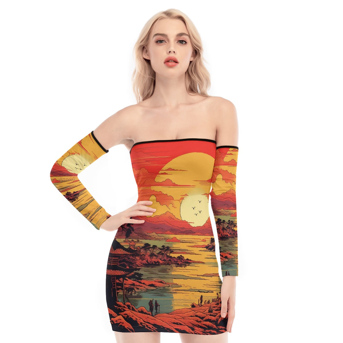 All-Over Print Women's Off-shoulder Back Lace-up Dress