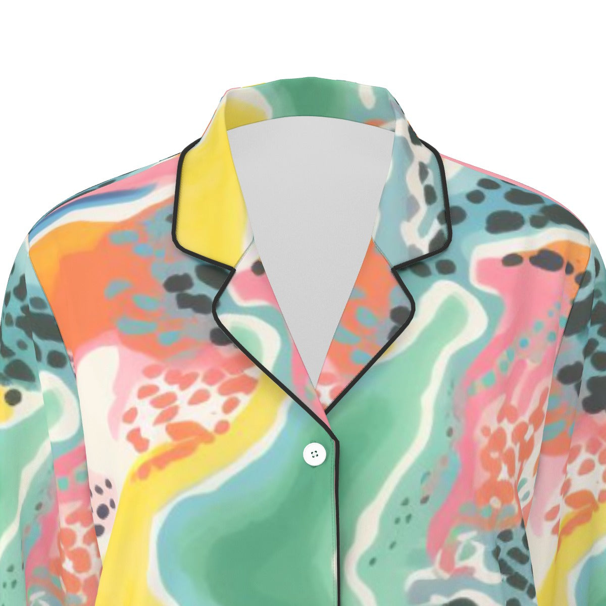 All-Over Print Women's Long Sleeve Pajama Set With Black Contrast Piping