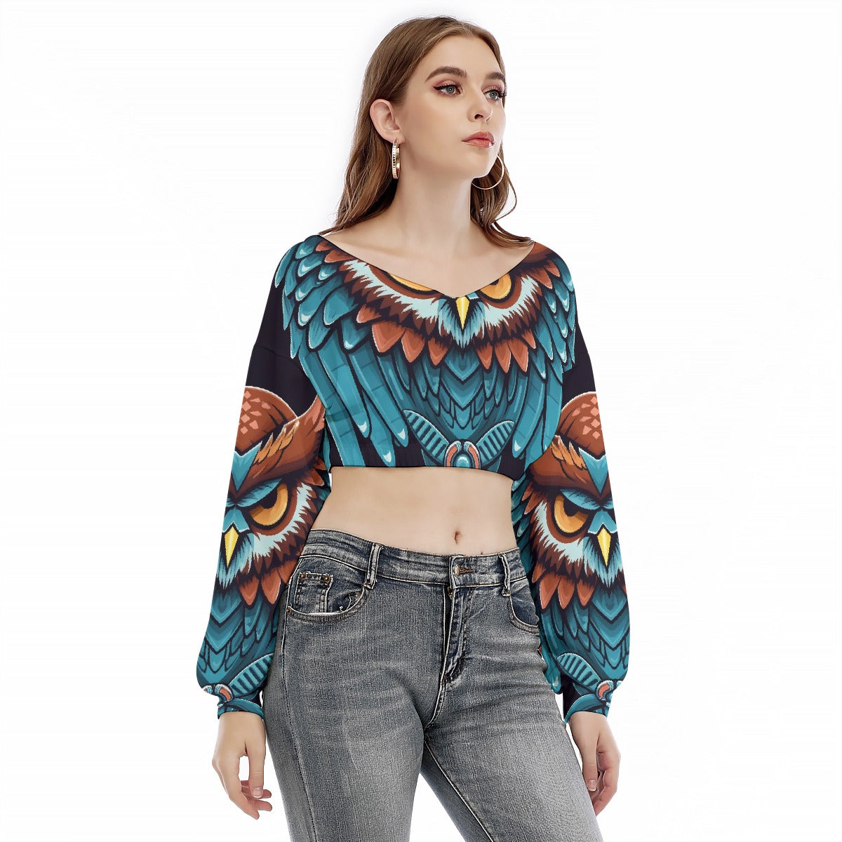 All-Over Print Women's V-neck Long Sleeve Cropped Sweatshirt