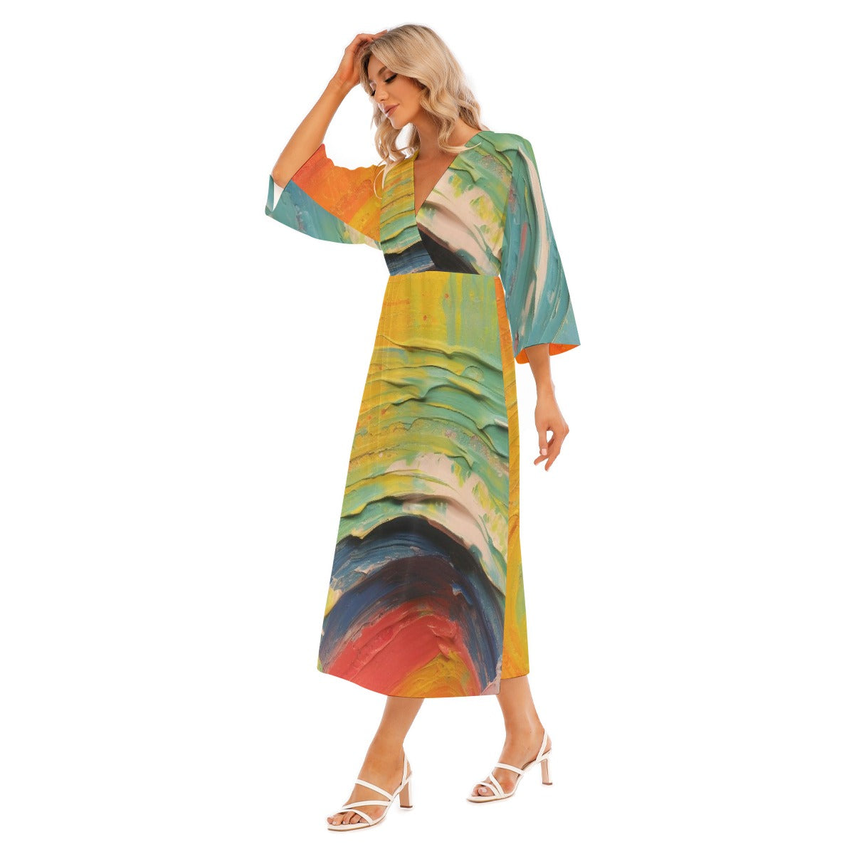All-Over Print Women's Mid-Sleeve Long Dress