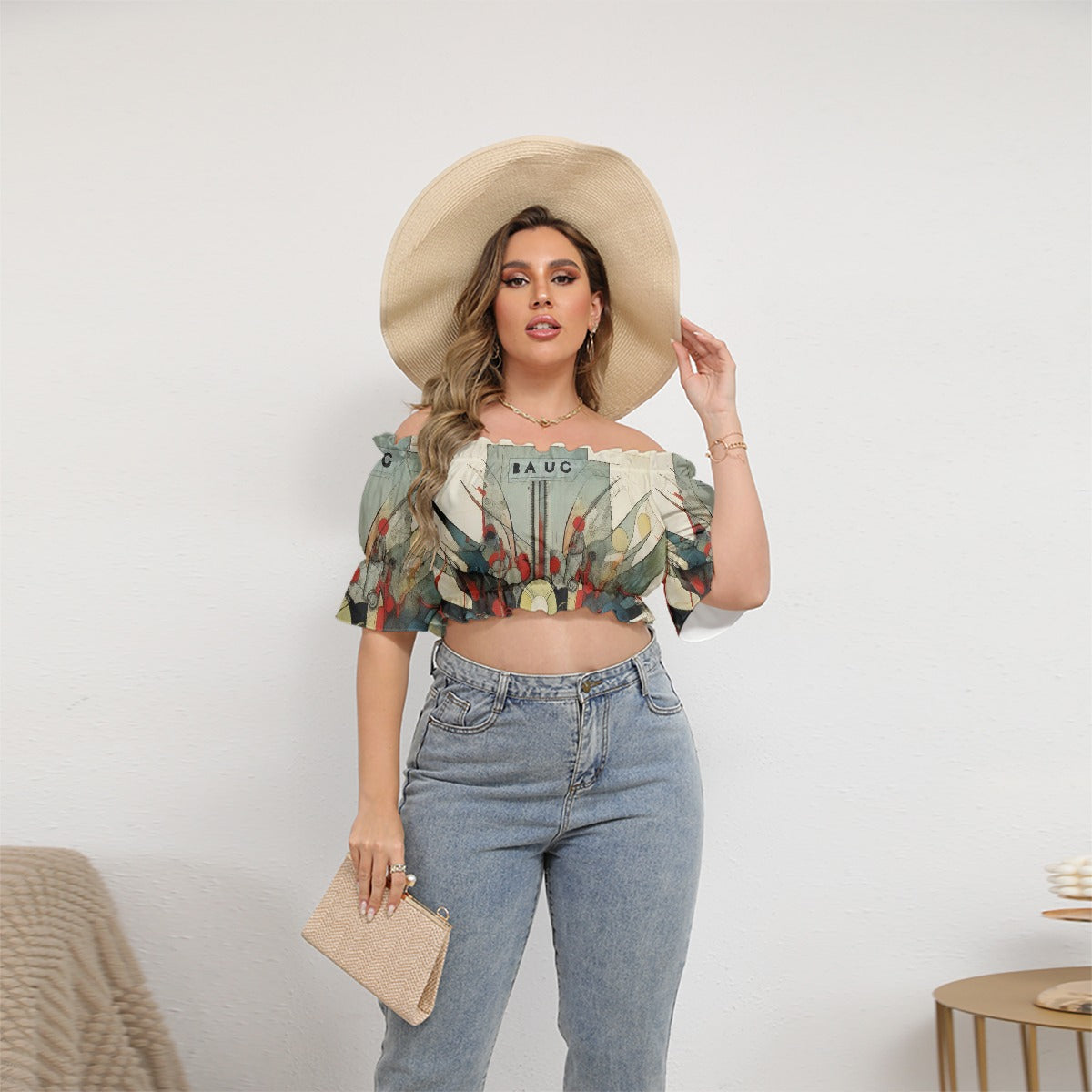 All-Over Print Women's Off-shoulder Cropped Top With Short Puff Sleeve