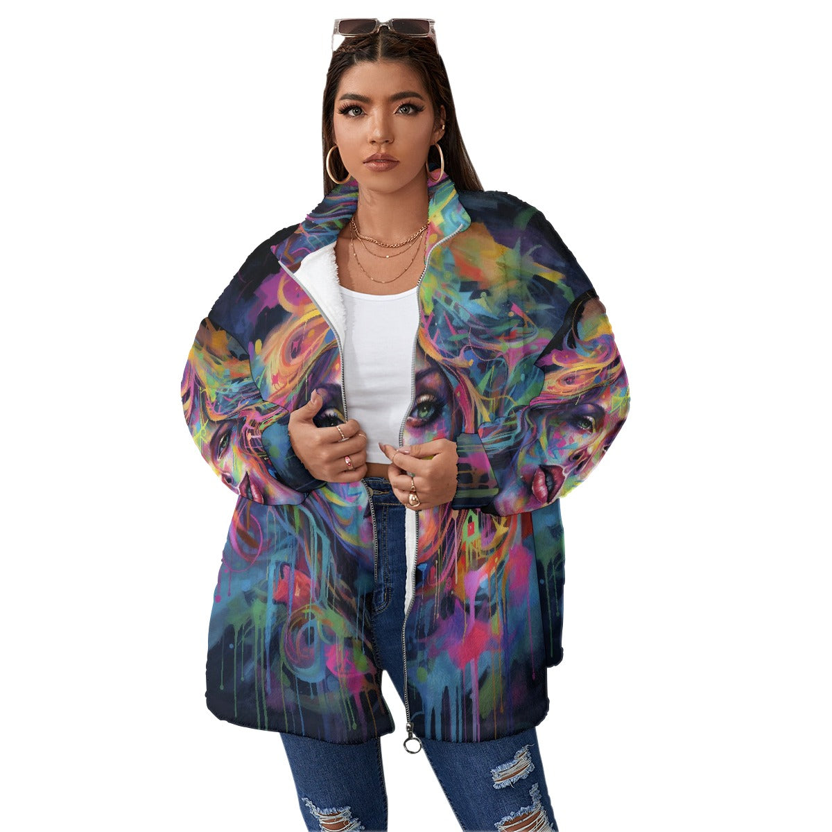 All-Over Print Unisex Borg Fleece Stand-up Collar Coat With Zipper Closure(Plus Size)