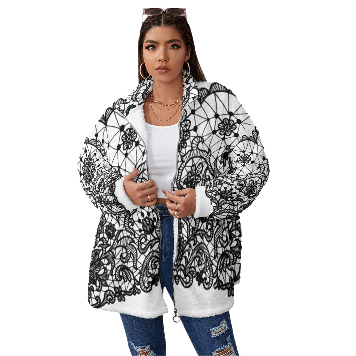 All-Over Print Unisex Borg Fleece Stand-up Collar Coat With Zipper Closure(Plus Size)
