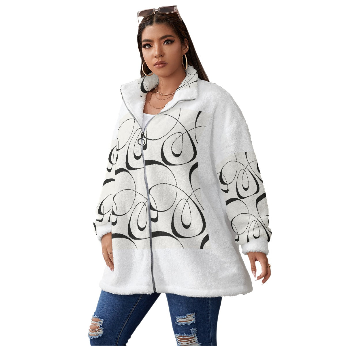 All-Over Print Unisex Borg Fleece Stand-up Collar Coat With Zipper Closure(Plus Size)