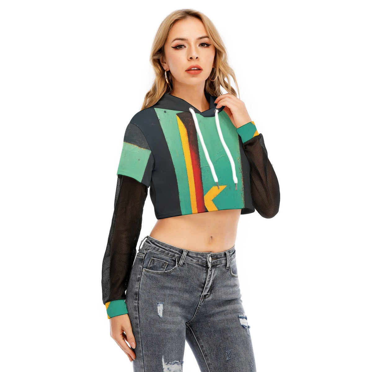 All-Over Print Women's Fake Two-piece Mesh Sleeve Cropped Hoodie