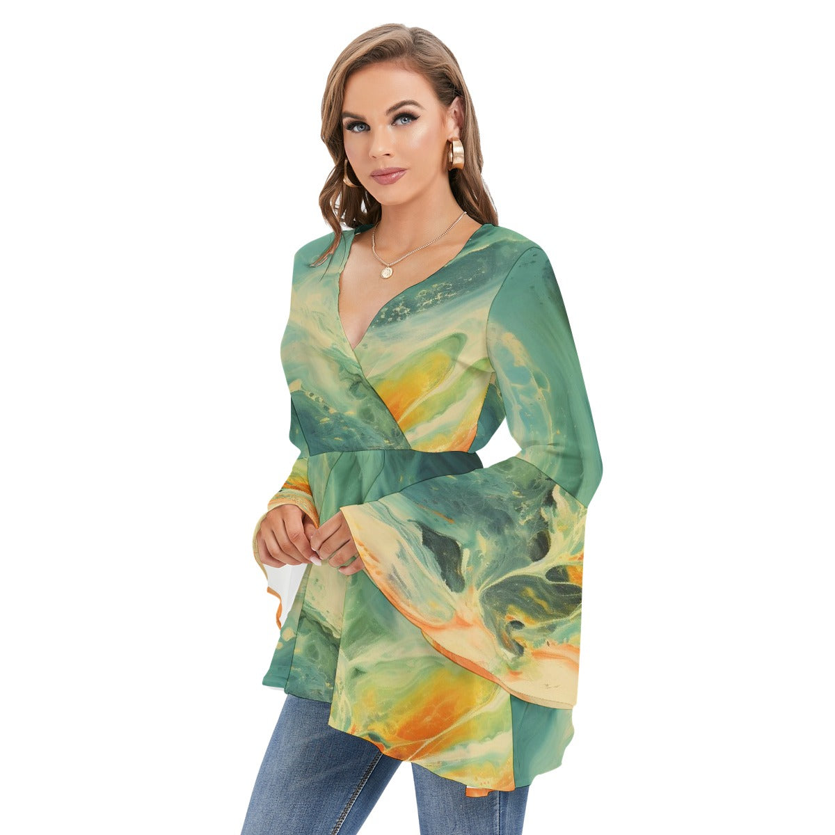 All-Over Print Women's V-neck Blouse With Flared Sleeves