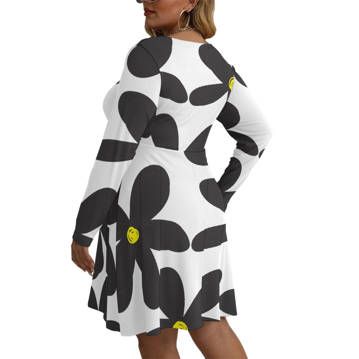 All-Over Print Women's V-neck Long Sleeve Dress(Plus Size)