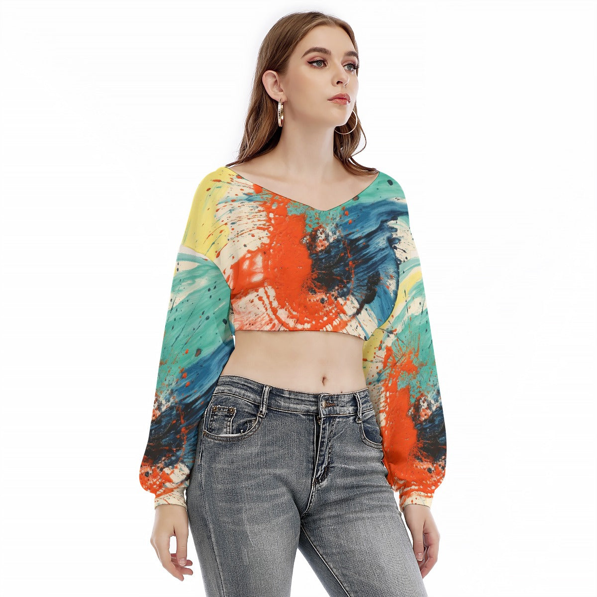 All-Over Print Women's V-neck Long Sleeve Cropped Sweatshirt