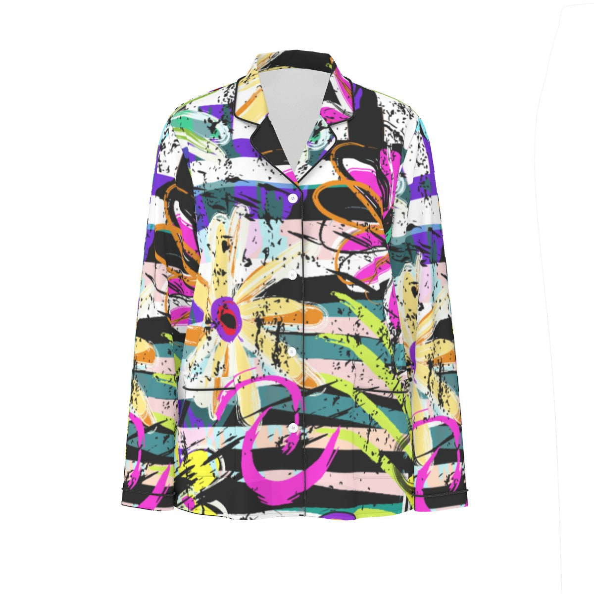 All-Over Print Women's Long Sleeve Pajama Set With Black Contrast Piping