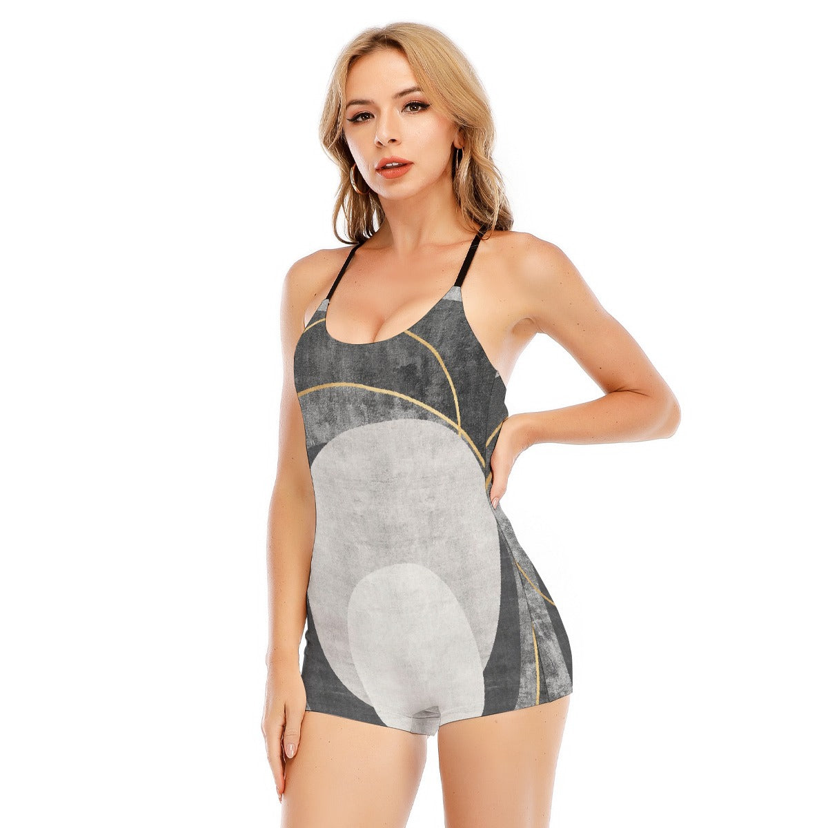 All-Over Print Women's Backless Romper With Black Straps