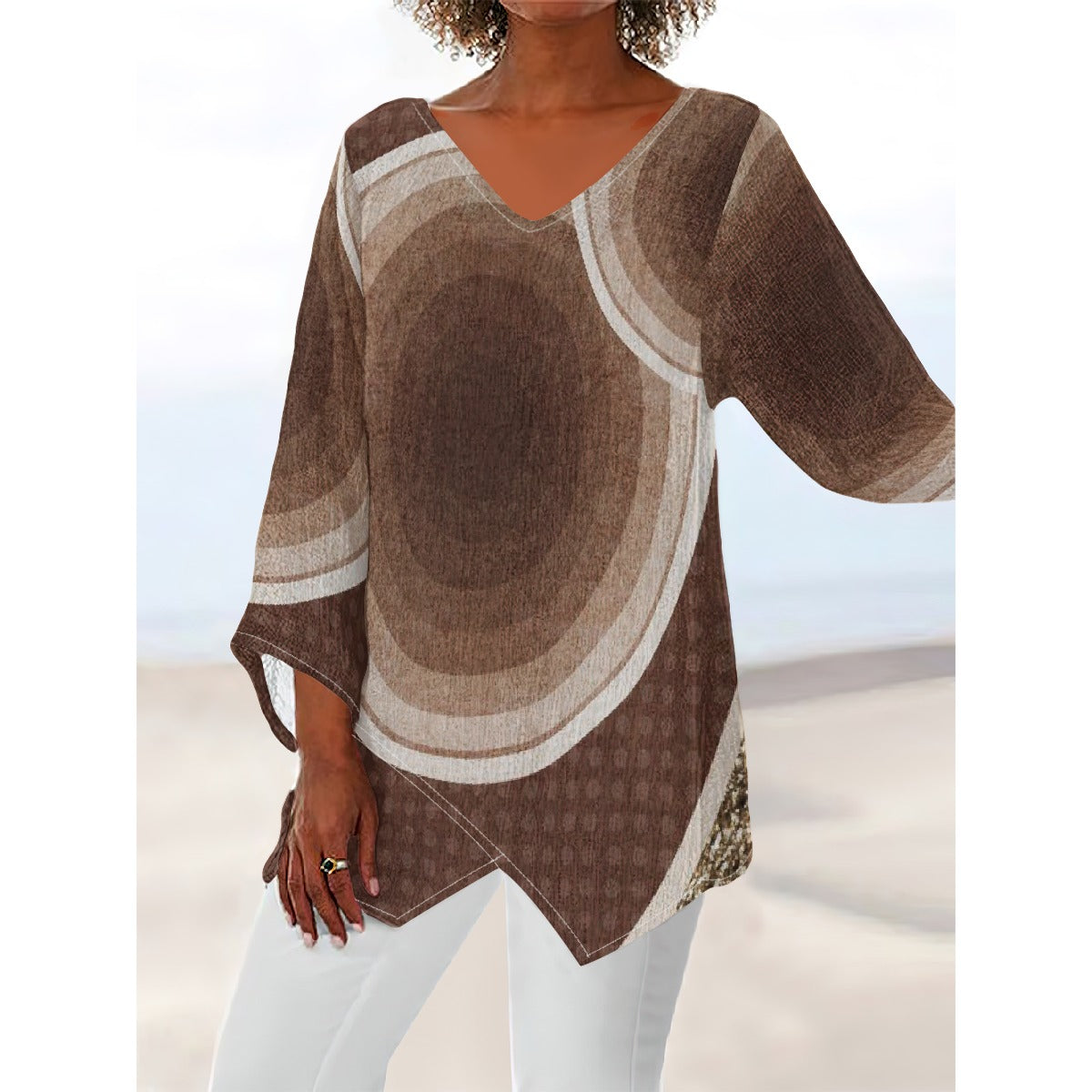 All-Over Print Women's V-neck T-shirt With Irregular Hem