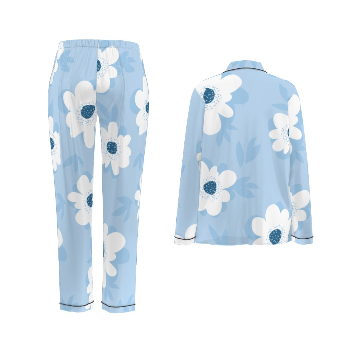 All-Over Print Women's Long Sleeve Pajama Set With Black Contrast Piping