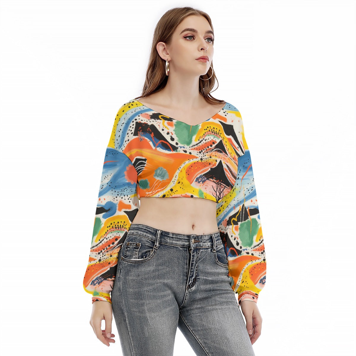 All-Over Print Women's V-neck Long Sleeve Cropped Sweatshirt