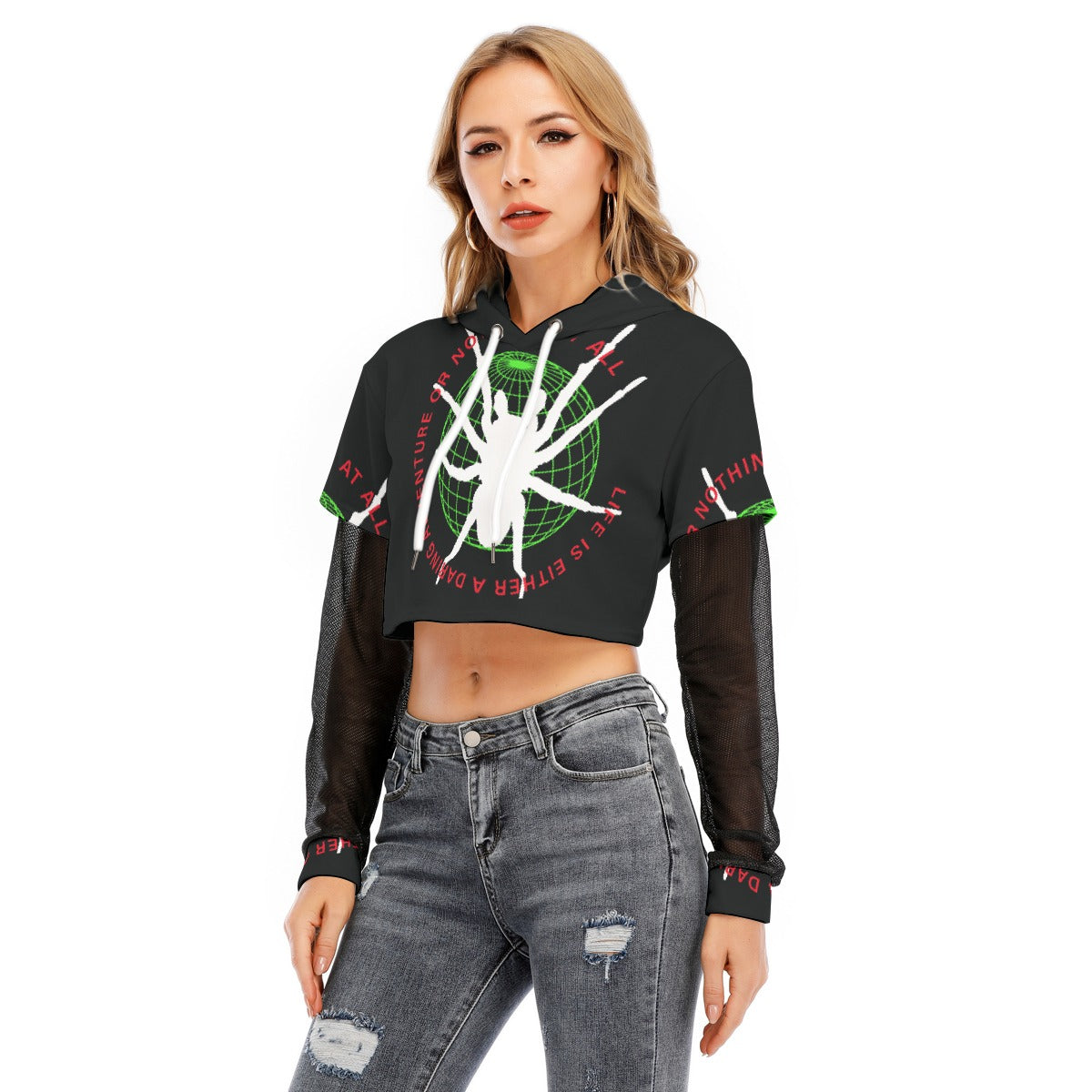 All-Over Print Women's Fake Two-piece Mesh Sleeve Cropped Hoodie