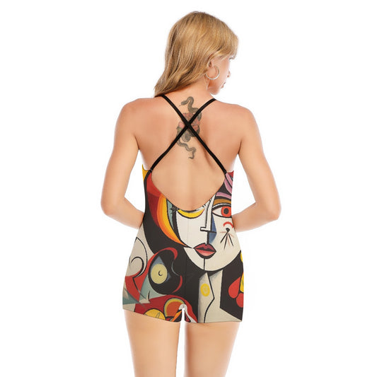 All-Over Print Women's Backless Romper With Black Straps