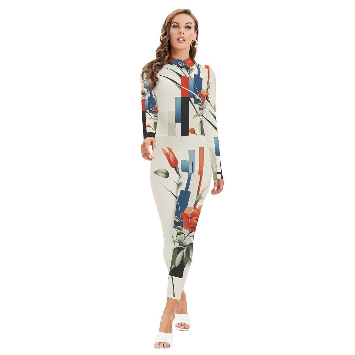 All-Over Print Women's Long-sleeved High-neck Jumpsuit With Zipper