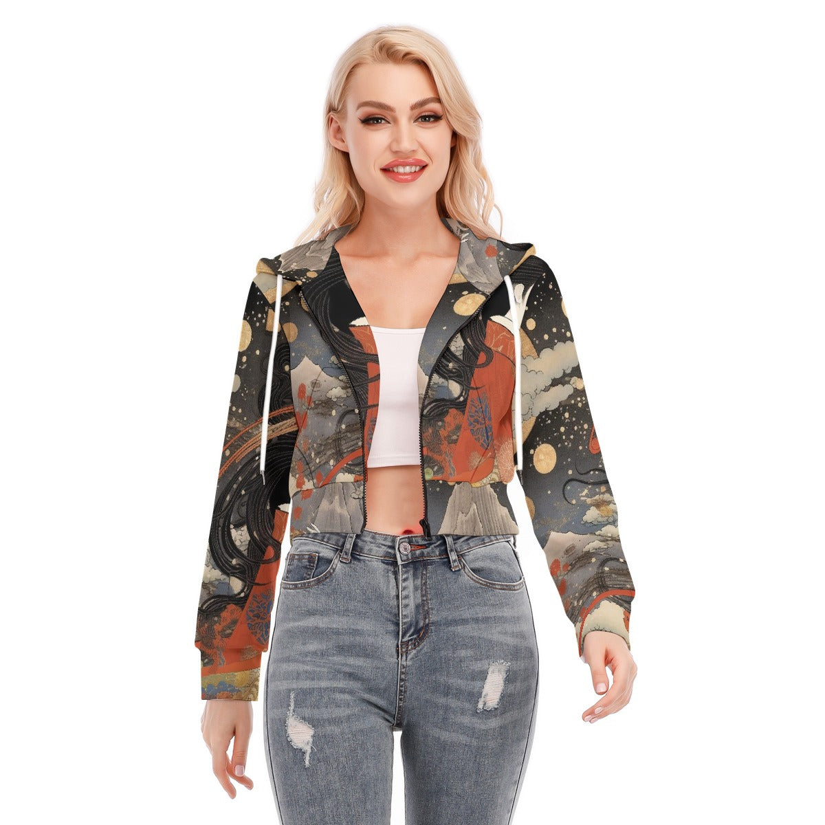 All-Over Print Women's Crop Top Hoodie With Zipper Closure