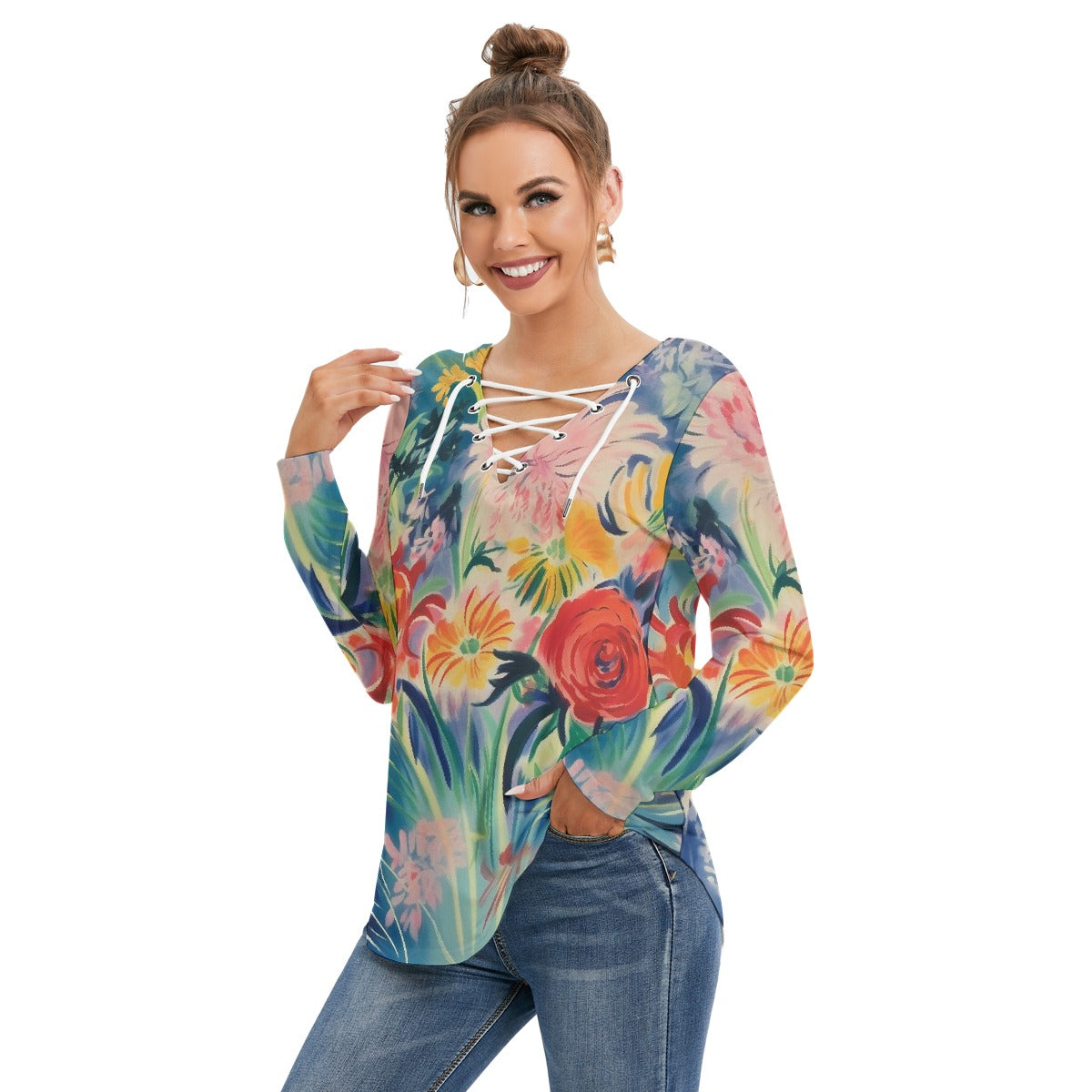 All-Over Print Women's Long Sleeve Neckline Tie Sweatshirt