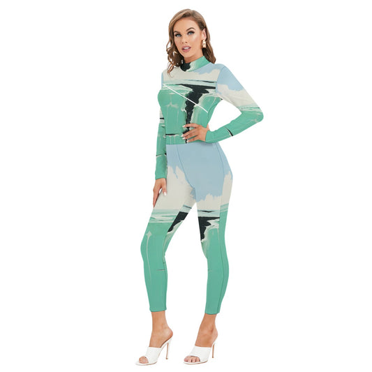 All-Over Print Women's Long-sleeved High-neck Jumpsuit With Zipper