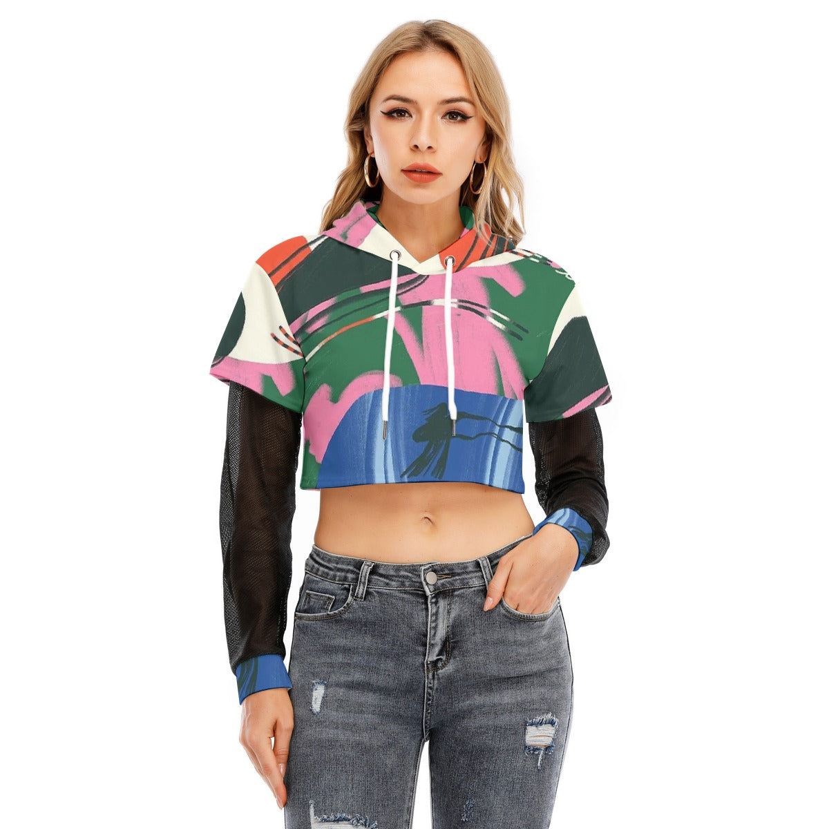 All-Over Print Women's Fake Two-piece Mesh Sleeve Cropped Hoodie