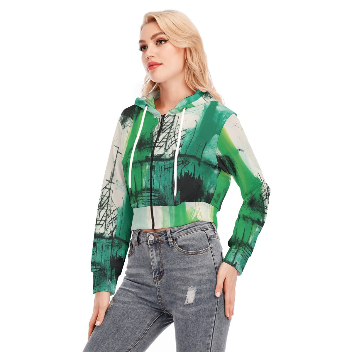All-Over Print Women's Crop Top Hoodie With Zipper Closure