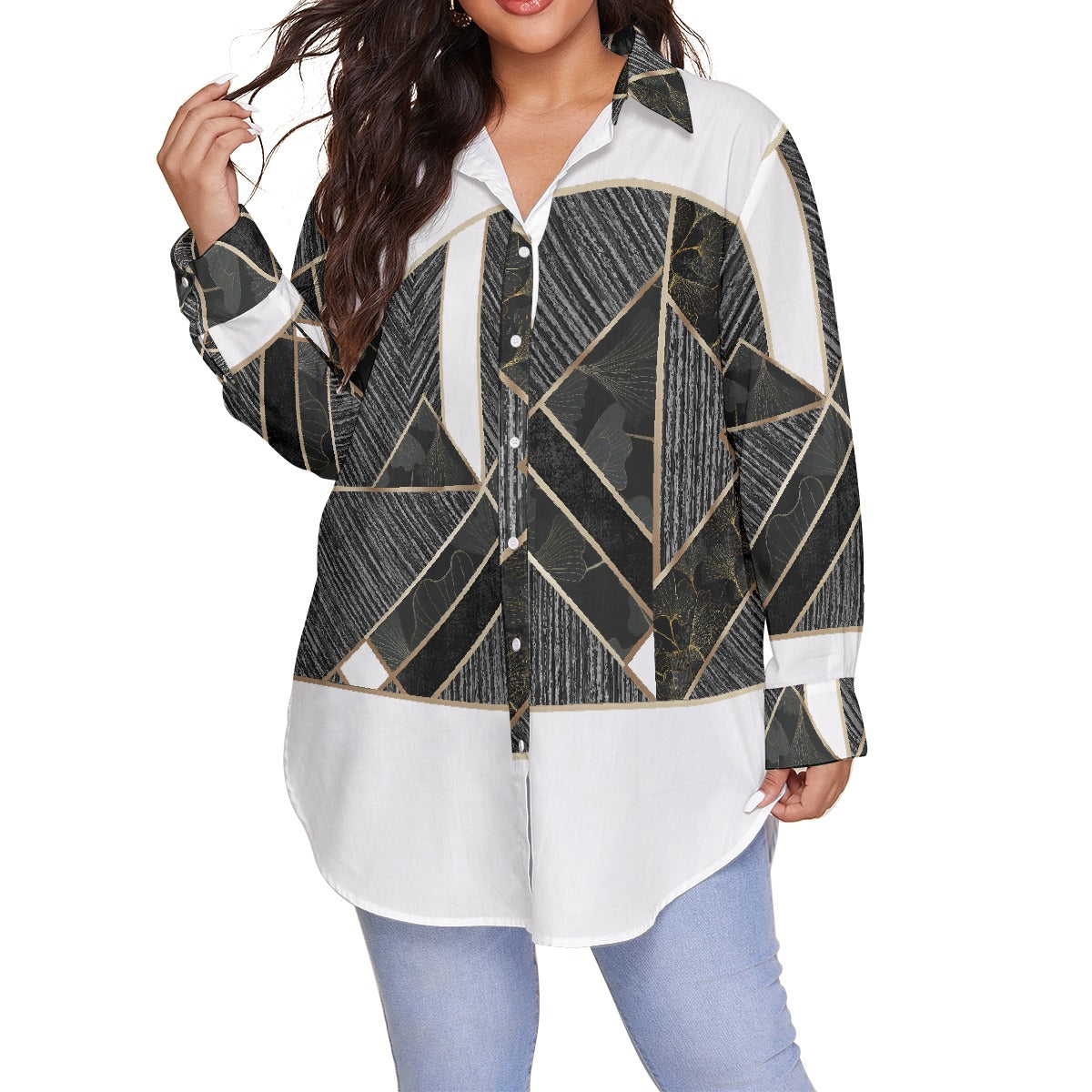 All-Over Print Women's Shirt With Long Sleeve(Plus Size)