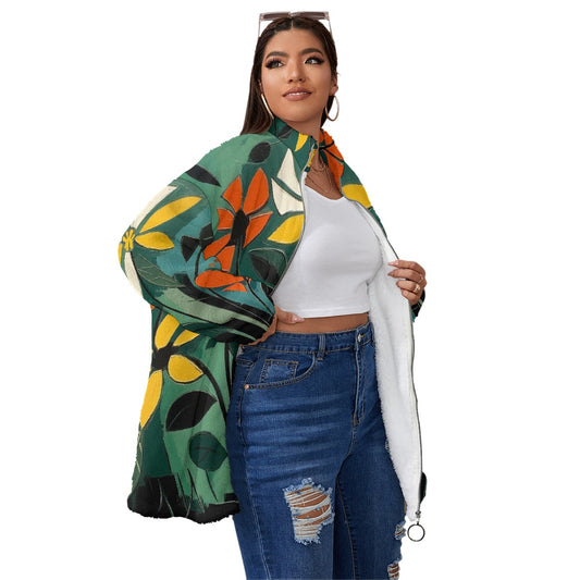 All-Over Print Unisex Borg Fleece Stand-up Collar Coat With Zipper Closure(Plus Size)