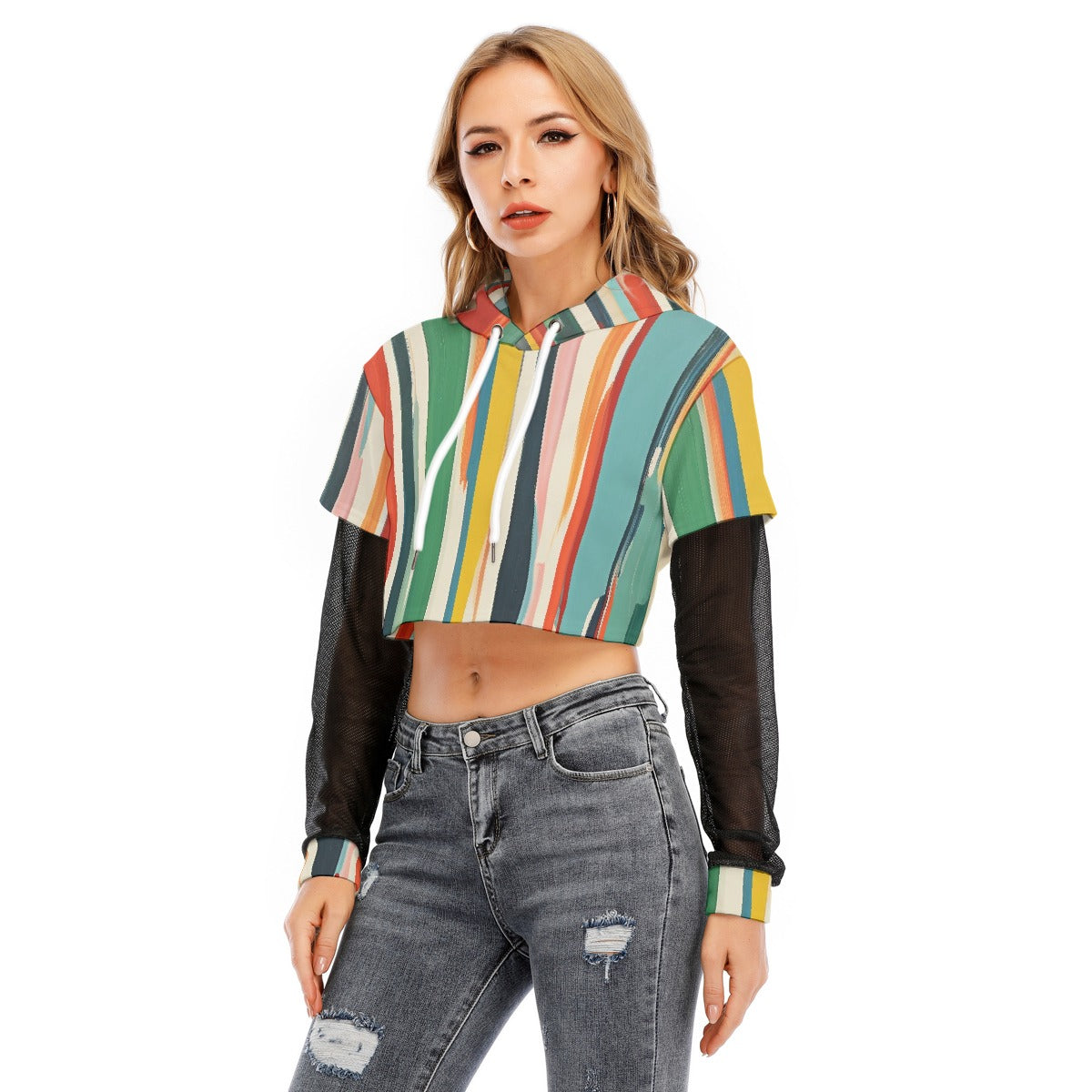 All-Over Print Women's Fake Two-piece Mesh Sleeve Cropped Hoodie