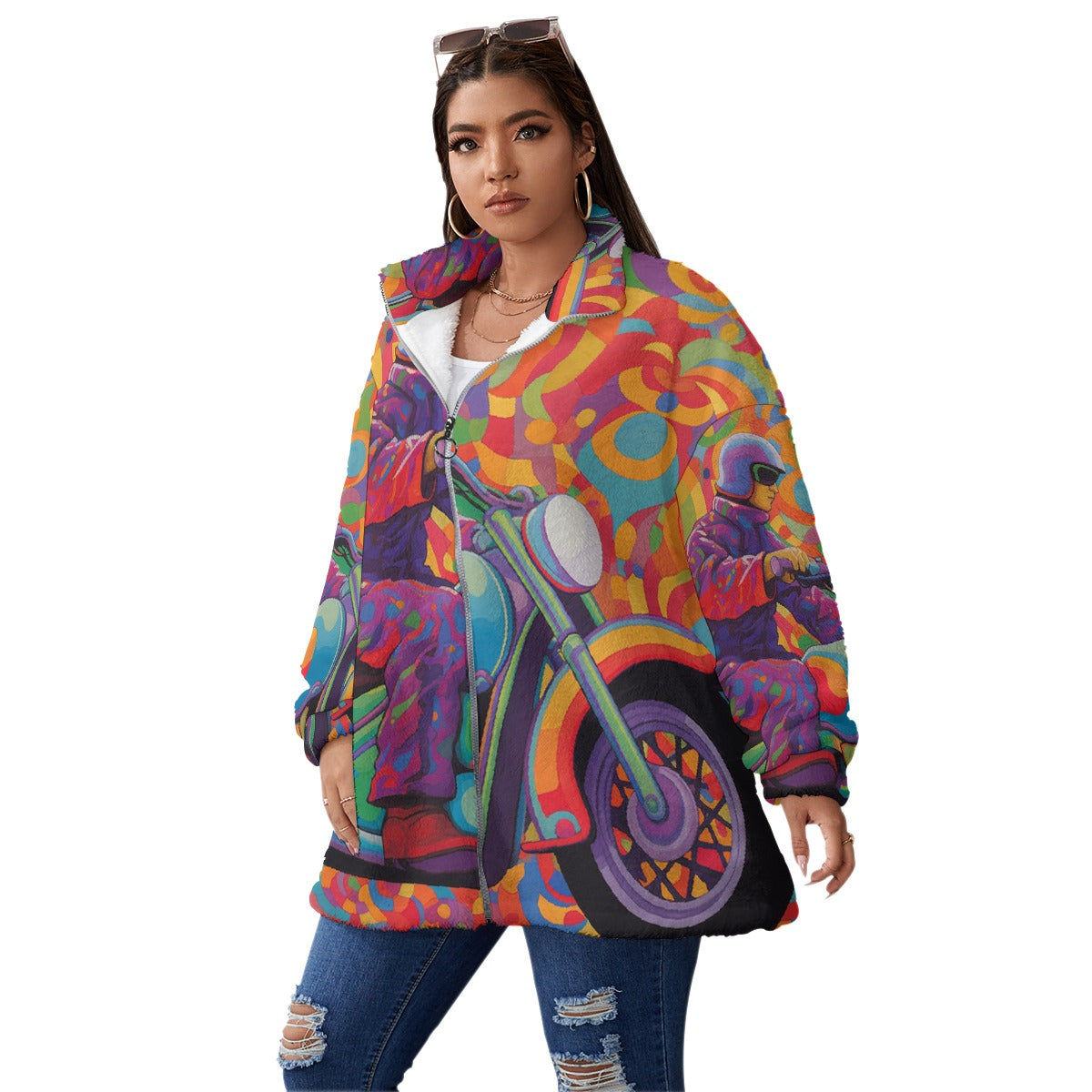 All-Over Print Unisex Borg Fleece Stand-up Collar Coat With Zipper Closure(Plus Size)
