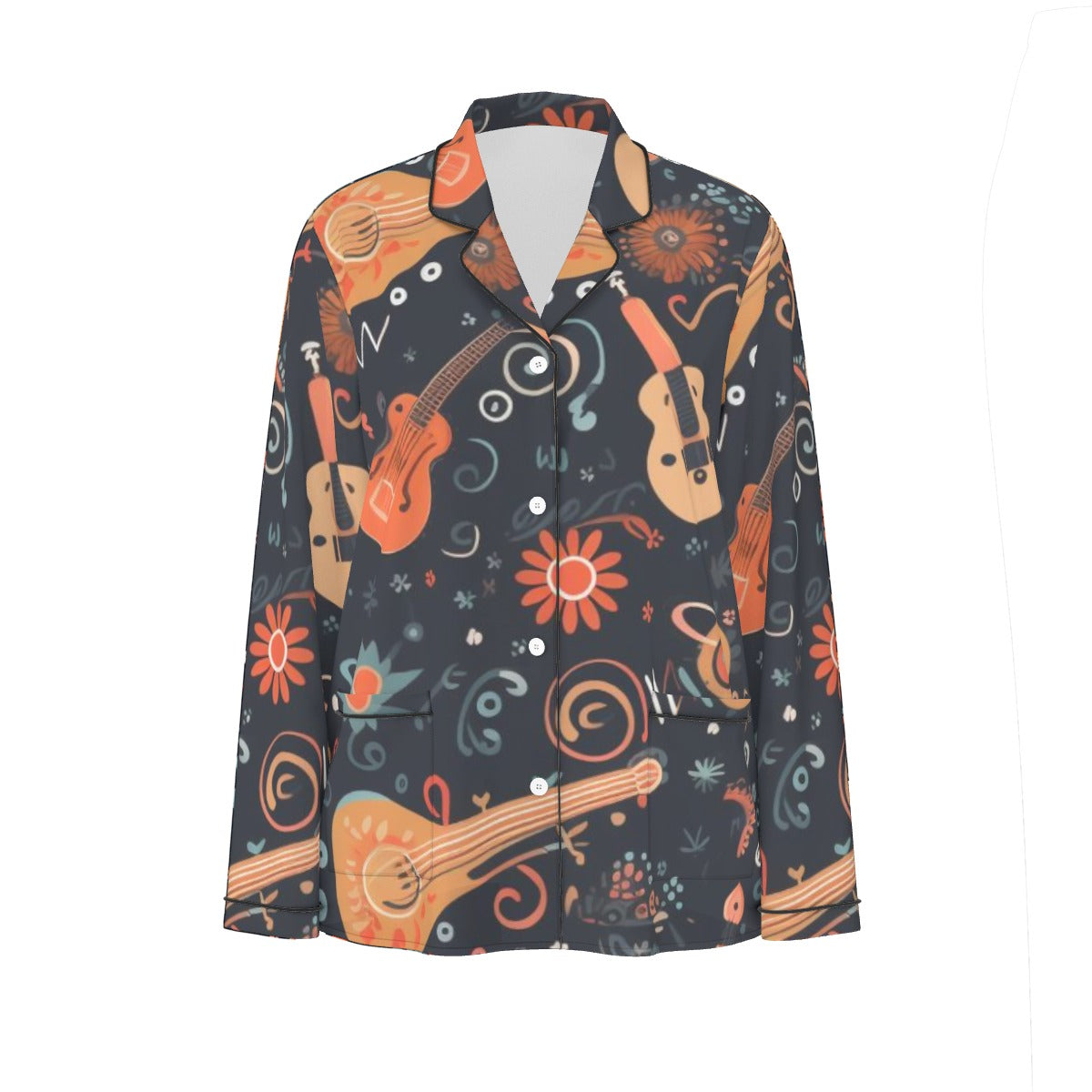 All-Over Print Women's Long Sleeve Pajama Set With Black Contrast Piping