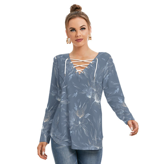 All-Over Print Women's Long Sleeve Neckline Tie Sweatshirt