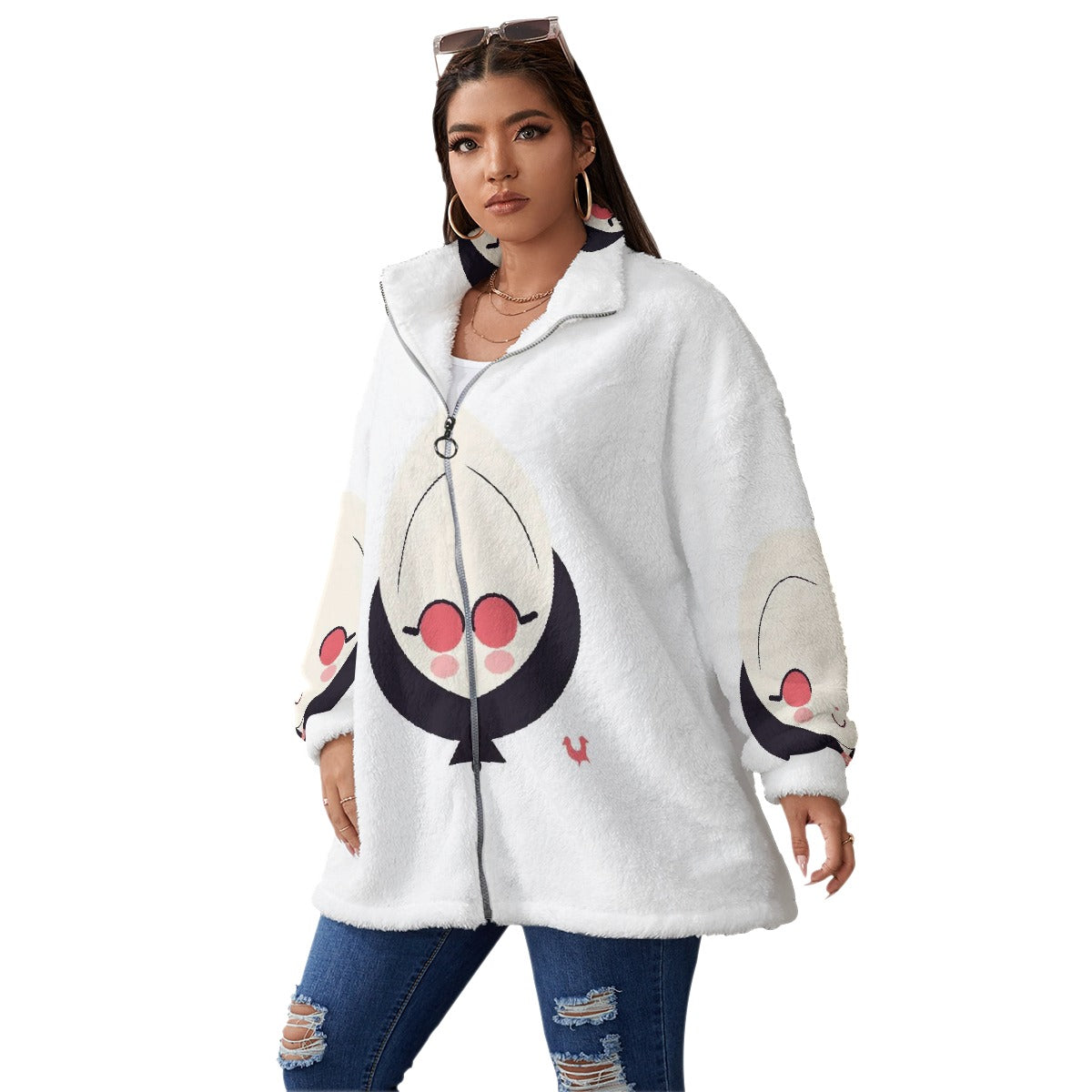 All-Over Print Unisex Borg Fleece Stand-up Collar Coat With Zipper Closure(Plus Size)