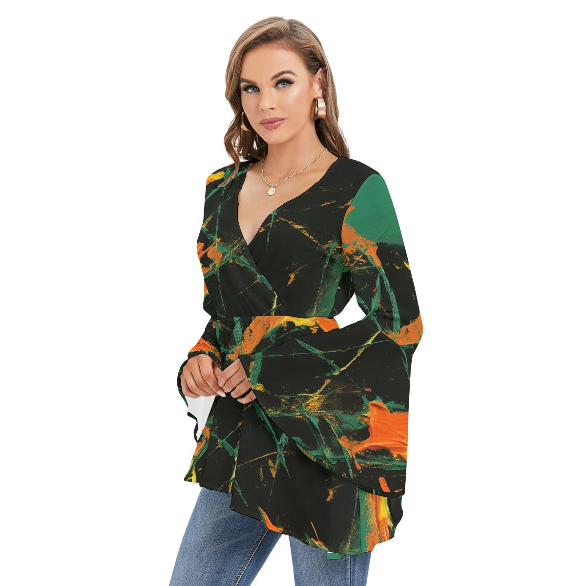 All-Over Print Women's V-neck Blouse With Flared Sleeves