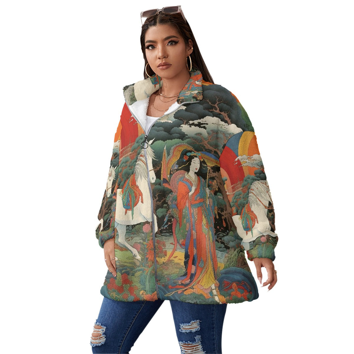 All-Over Print Unisex Borg Fleece Stand-up Collar Coat With Zipper Closure(Plus Size)