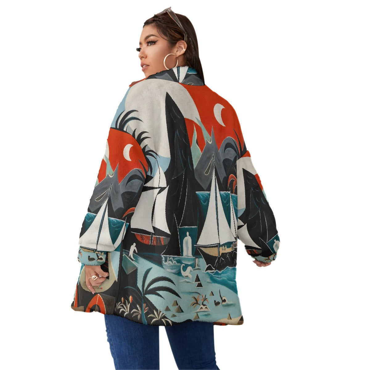 All-Over Print Unisex Borg Fleece Stand-up Collar Coat With Zipper Closure(Plus Size)