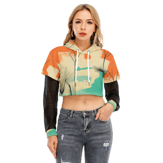 All-Over Print Women's Fake Two-piece Mesh Sleeve Cropped Hoodie