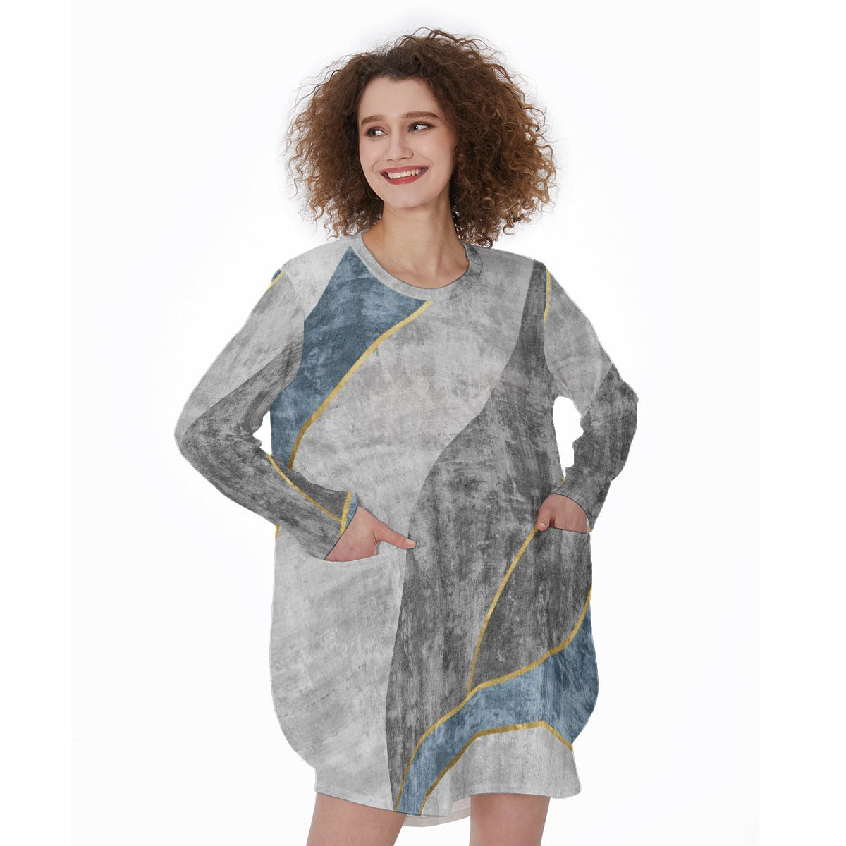 All-Over Print Women's Casual Loose Long Sleeve Dress With Pocket