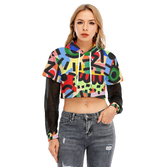All-Over Print Women's Fake Two-piece Mesh Sleeve Cropped Hoodie
