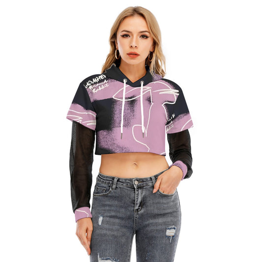 All-Over Print Women's Fake Two-piece Mesh Sleeve Cropped Hoodie