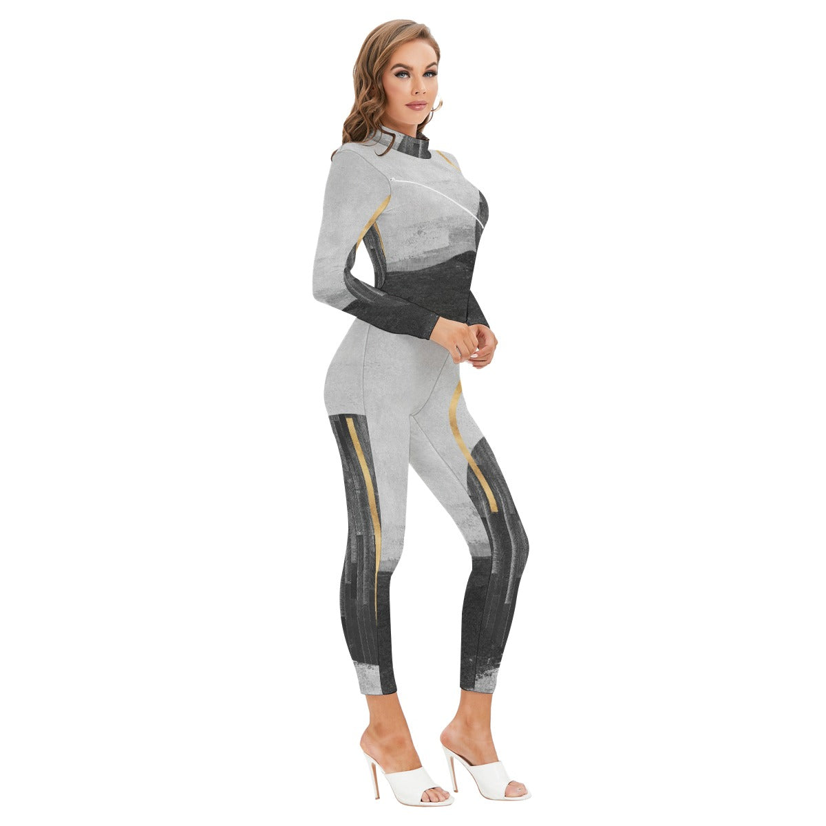 All-Over Print Women's Long-sleeved High-neck Jumpsuit With Zipper