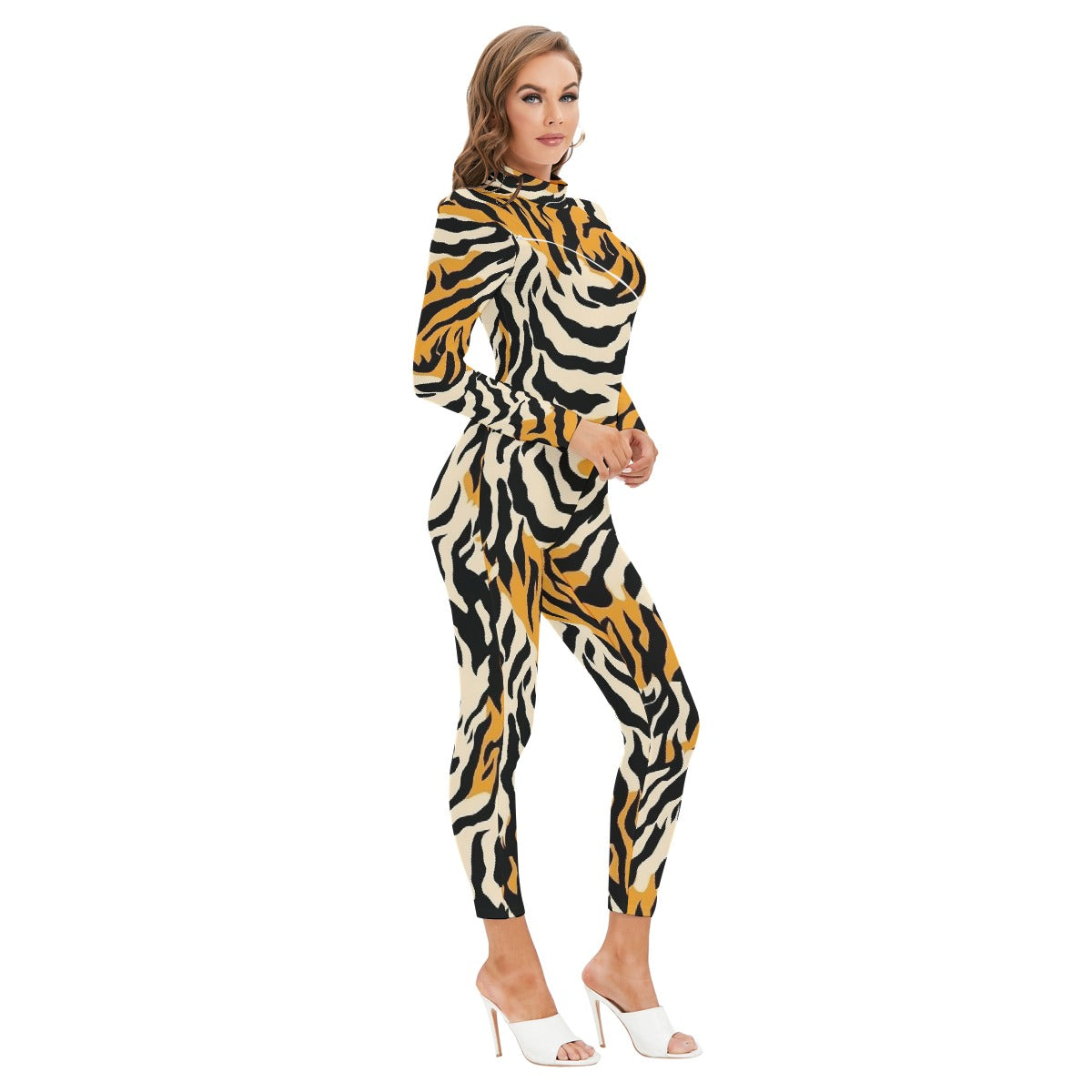 All-Over Print Women's Long-sleeved High-neck Jumpsuit With Zipper