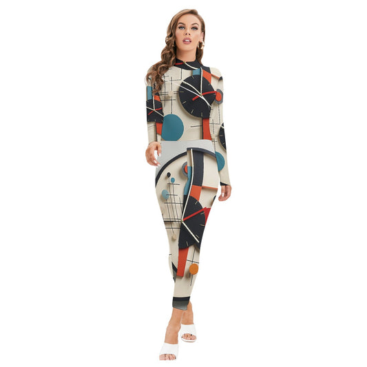 All-Over Print Women's Long-sleeved High-neck Jumpsuit With Zipper
