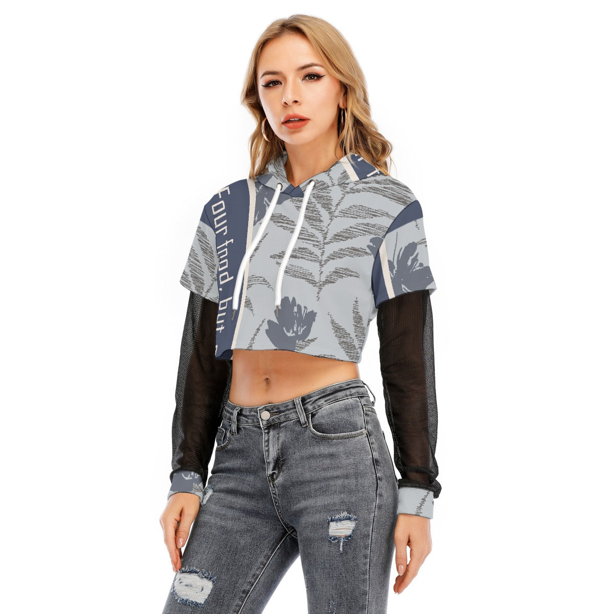 All-Over Print Women's Fake Two-piece Mesh Sleeve Cropped Hoodie