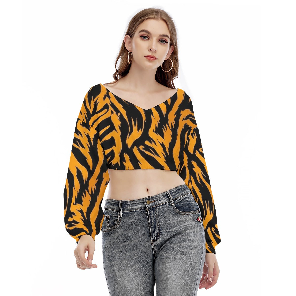 All-Over Print Women's V-neck Long Sleeve Cropped Sweatshirt