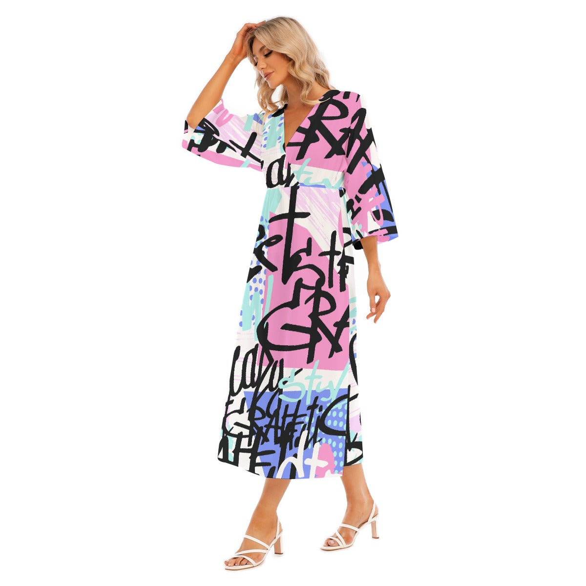 All-Over Print Women's Mid-Sleeve Long Dress