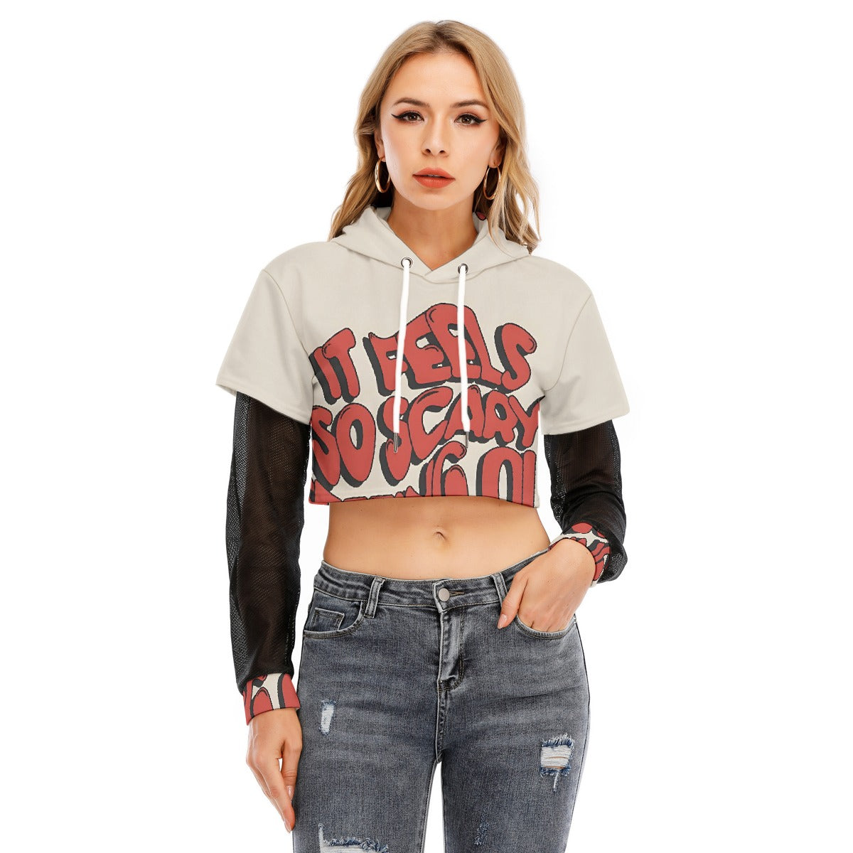 All-Over Print Women's Fake Two-piece Mesh Sleeve Cropped Hoodie