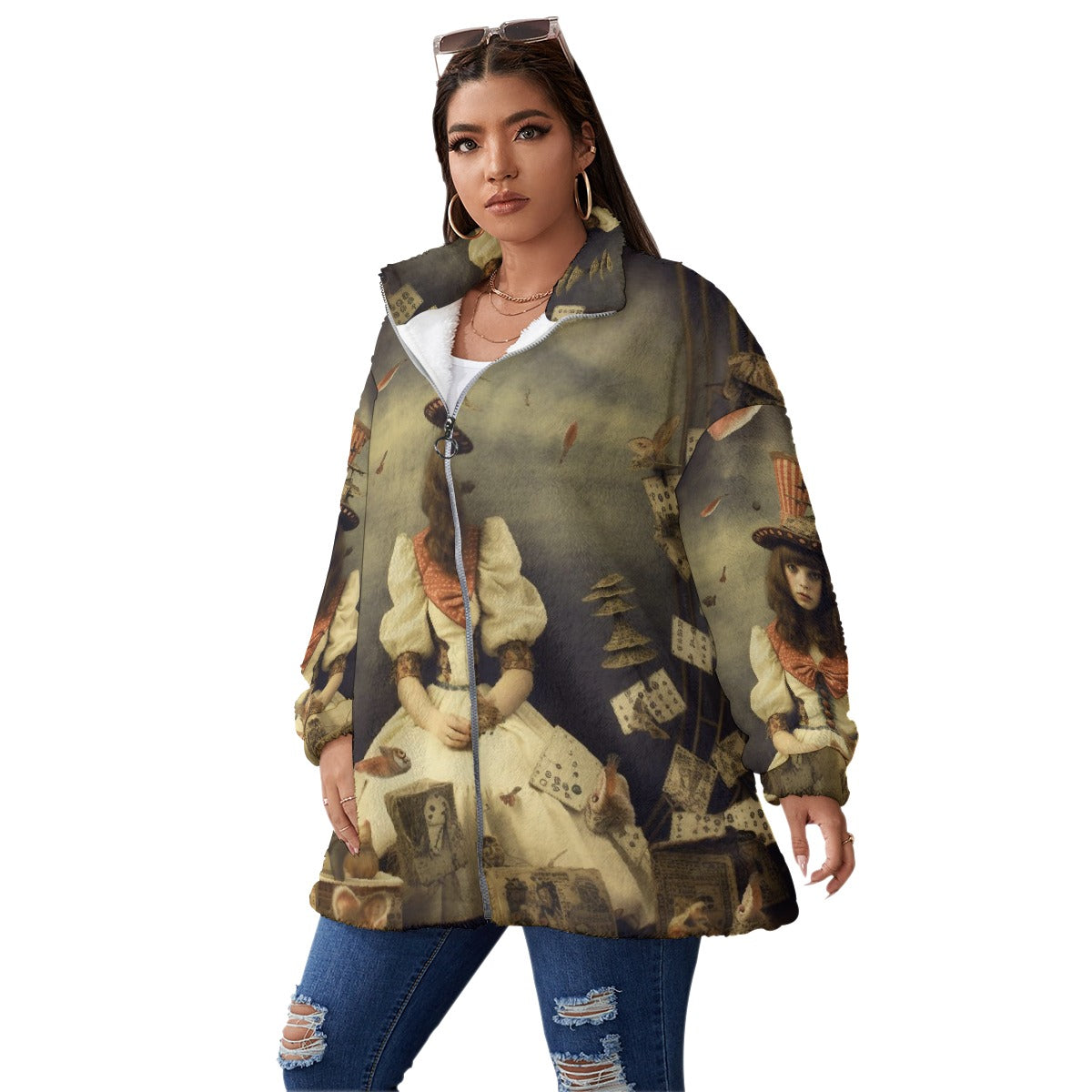 All-Over Print Unisex Borg Fleece Stand-up Collar Coat With Zipper Closure(Plus Size)